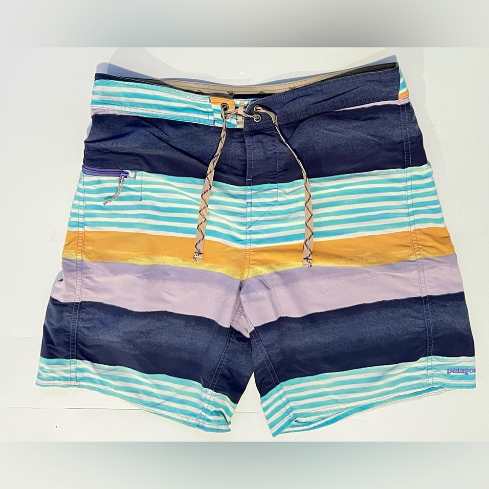 Patagonia Swim Board Shorts Trunks Mens 34 Blue Orange Striped Beach zip Pocket